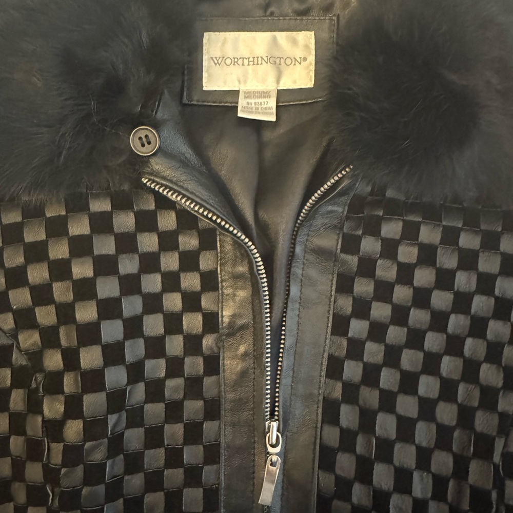 Worthington Black Quilted Checkerboard Fur Collar Jacket